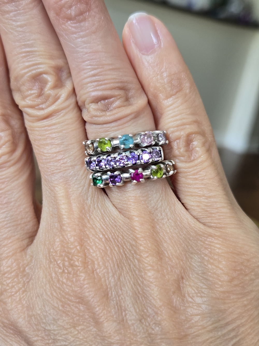 Sterling Silver Multicolor Gemstone Stackable Ring Set